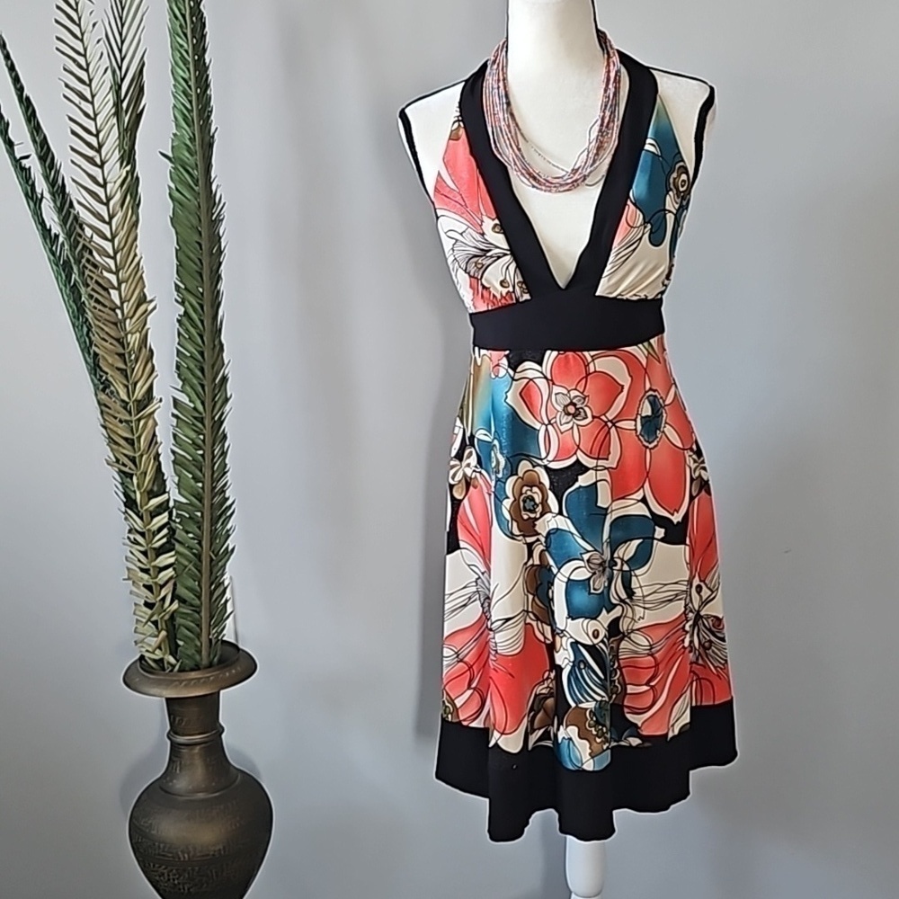 Studio Y Retro Coral, Turquoise, and Brown Halter Dress